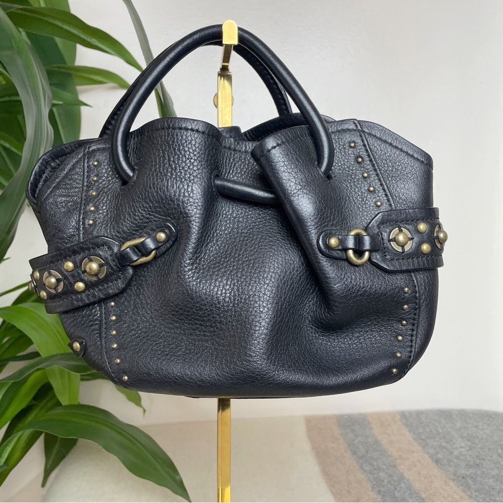 Vintage Cole Haan Mini Handbag Purse in Black Pebbled Leather with Brass Accent